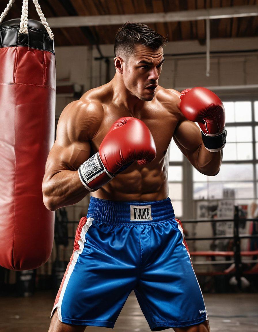 A dynamic scene of a determined boxer in mid-punch, showcasing powerful muscles and focused expression, surrounded by various training gear like gloves, a punching bag, and a stopwatch. The background features an inspiring gym with motivational quotes on the wall and vibrant lighting enhancing the energy of the space. super-realistic. vibrant colors. action-packed.