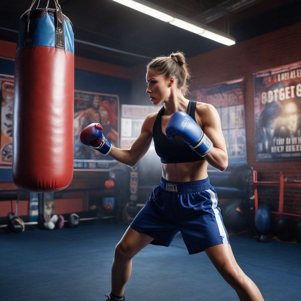 A dynamic boxing scene featuring a muscular athlete in mid-punch, wearing modern protective gear, with training equipment like gloves and a punching bag prominently visible. The background shows an energetic gym atmosphere, complete with motivational posters and bright lighting to enhance the intensity of the workout. The image should evoke a sense of strength and determination. super-realistic. vibrant colors. high contrast.