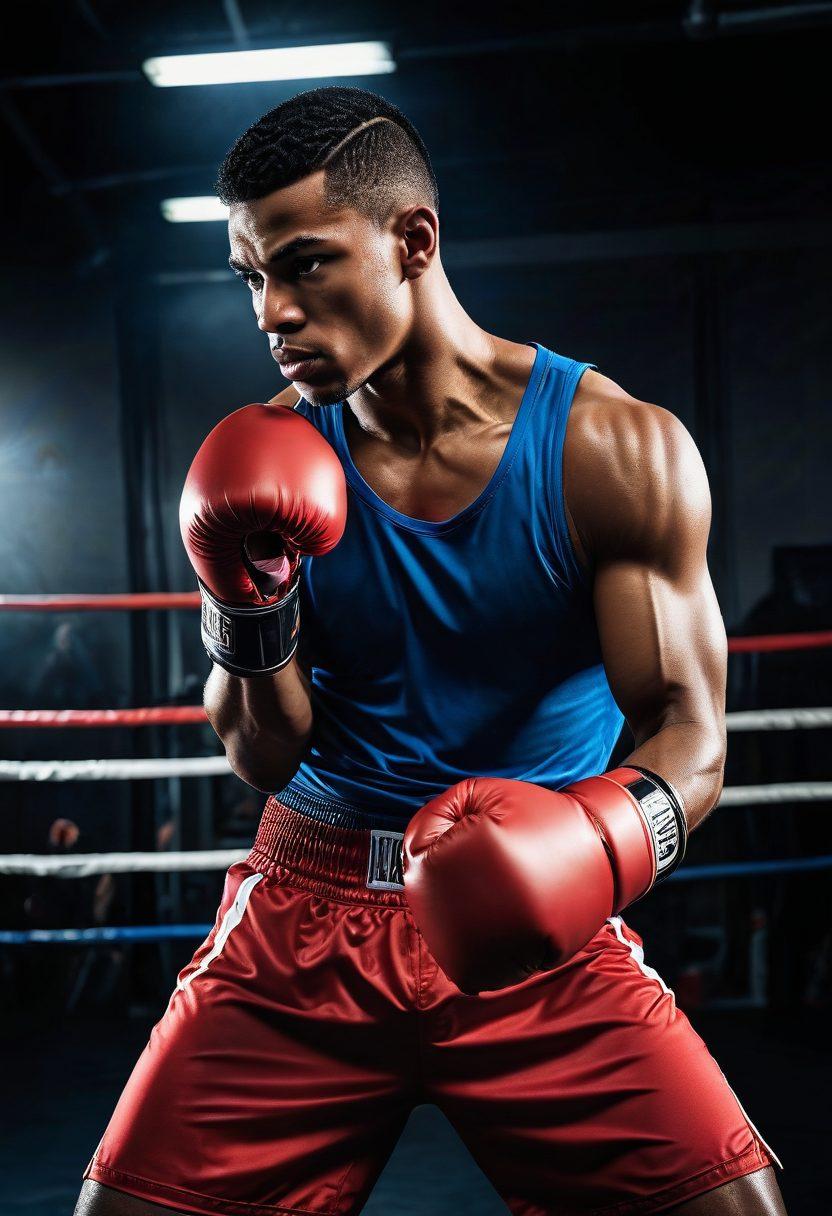 A dynamic boxing scene featuring a fierce boxer transitioning from gloves to wraps, emphasizing the evolution of equipment. The boxer is in mid-action, showcasing both gloves on one hand and a wrap being applied on the other. Surrounding elements include vivid training gear and an inspiring gym backdrop, creating an energetic atmosphere. The overall color palette is bold and engaging, highlighting the intensity and dedication in boxing. super-realistic. vibrant colors. action-packed.
